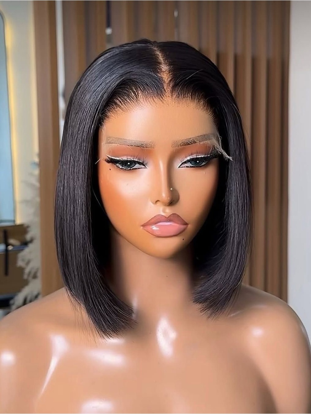 12"Black Middle-Part Straight Bob Wig - Sleek Women Hair